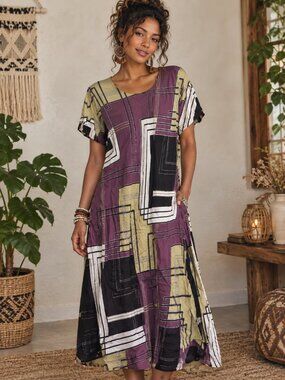 Dolce Bella Abstract Geometric Print Midi Dress Size L 100% Rayon Made in Turkey